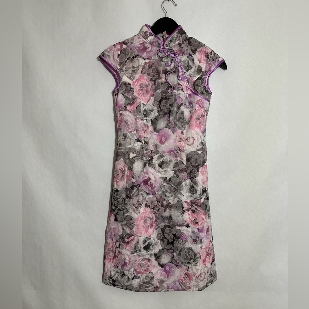 Peve Pink & Gray Floral Cheongsam Qipao Brocade Dress Size Small Vintage - Picture 2 of 9
